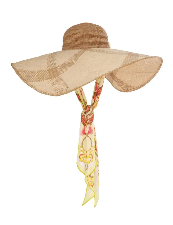 Women Hats Zimmermann Straw and Printed Silk Sunhat Yellow Hibiscus