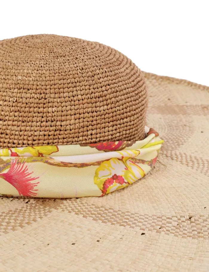 Women Hats Zimmermann Straw and Printed Silk Sunhat Yellow Hibiscus