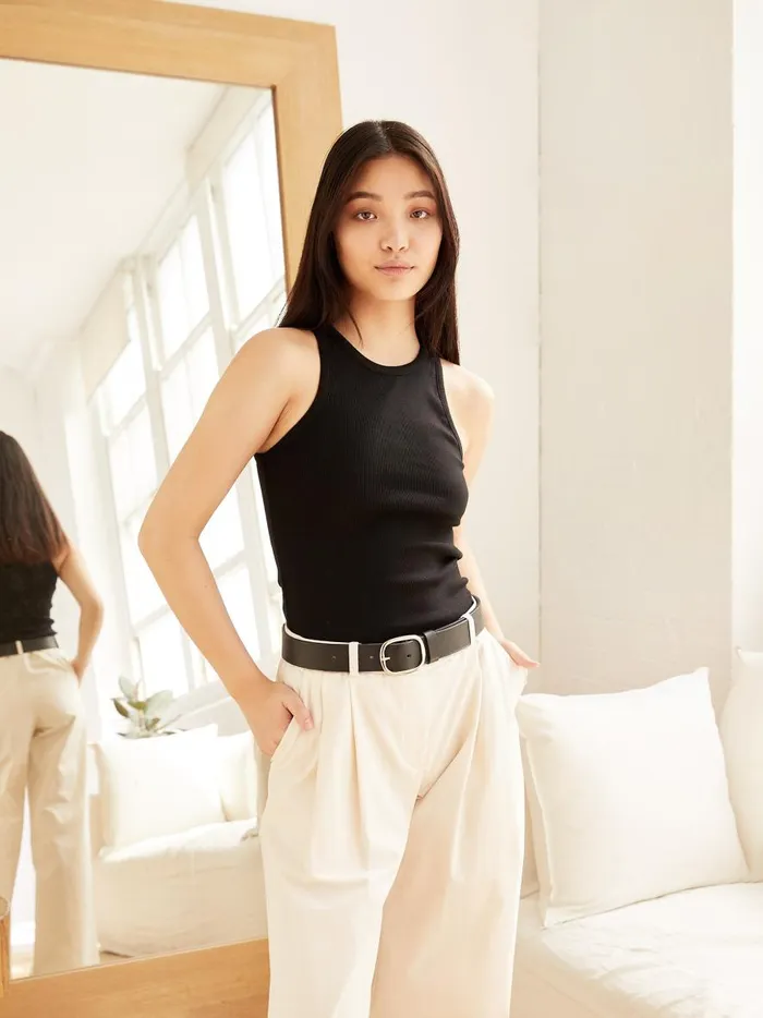 Women High Neck Rib Tank Top Black The UNDONE Tops