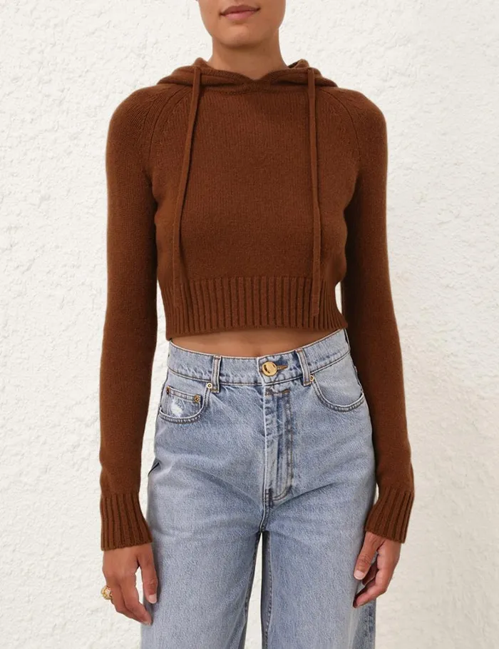 Women Knitwear Zimmermann Natura Cropped Hooded Sweater Dark Tan