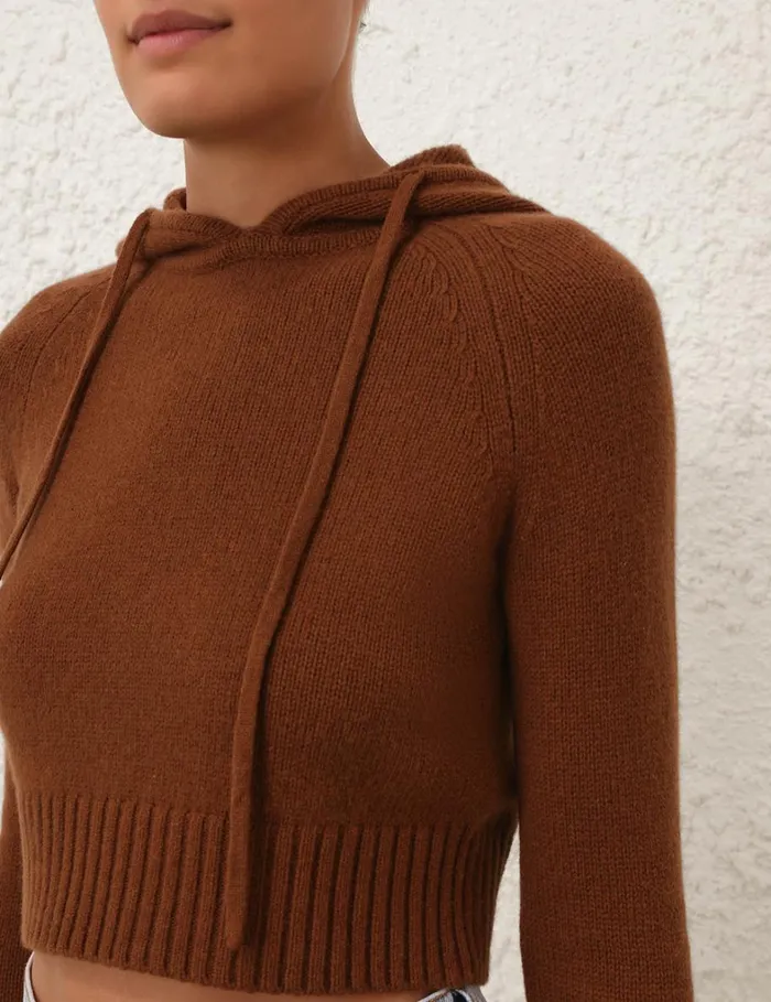 Women Knitwear Zimmermann Natura Cropped Hooded Sweater Dark Tan