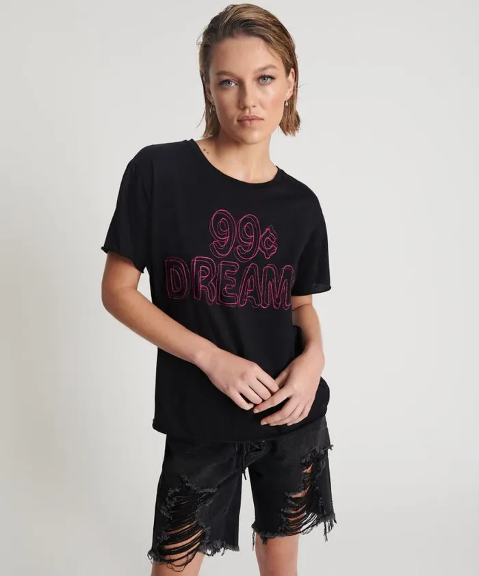 Women One Teaspoon Basic Tees 99 CENT DREAMS ORGANIC EMBROIDERED TEE