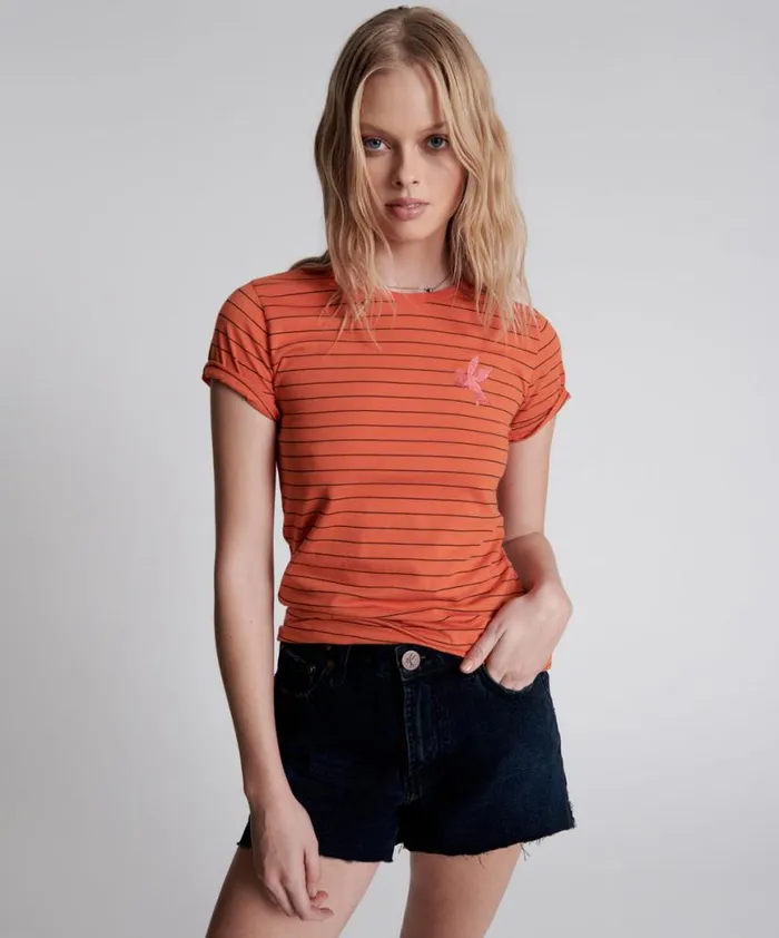 Women One Teaspoon Basic Tees BOWER BIRD EMBROIDERED LOGO FITTED TEE ORANGE