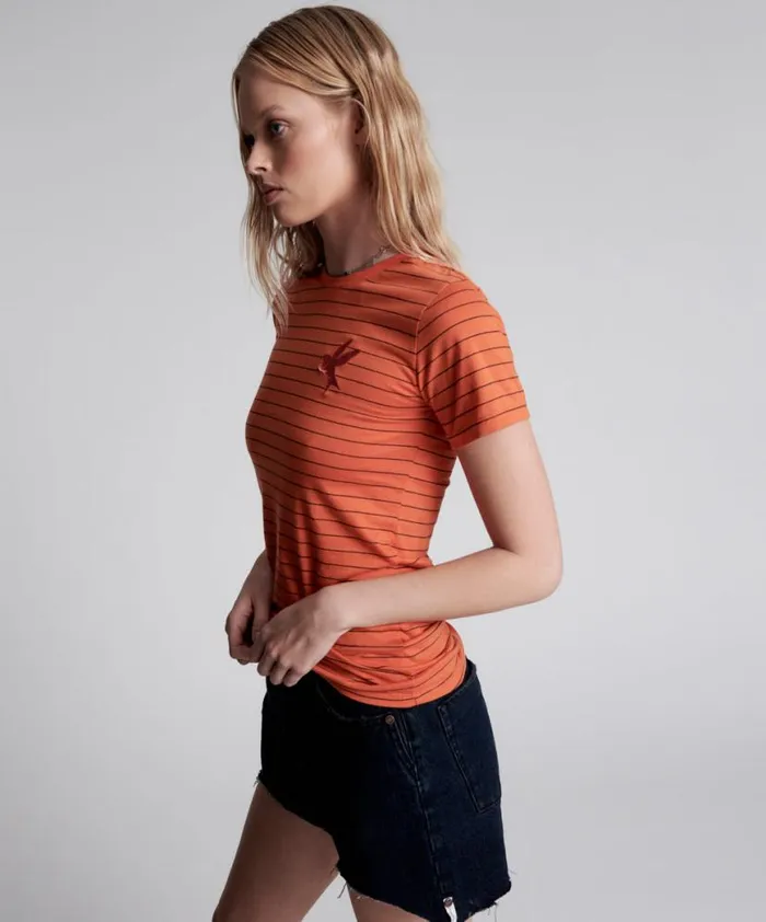Women One Teaspoon Basic Tees BOWER BIRD EMBROIDERED LOGO FITTED TEE ORANGE Women One Teaspoon Basic Tees BOWER BIRD EMBROIDERED LOGO FITTED TEE ORANGE