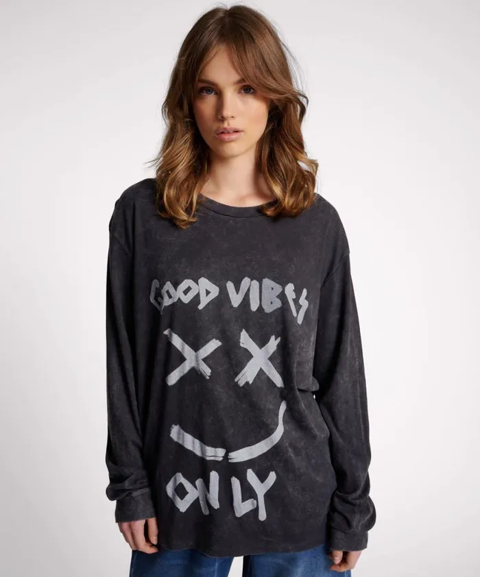 Women One Teaspoon Basic Tees GOOD VIBES ONLY LONG SLEEVE TEE