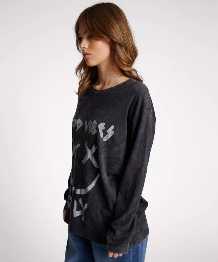 Women One Teaspoon Basic Tees GOOD VIBES ONLY LONG SLEEVE TEE Women One Teaspoon Basic Tees GOOD VIBES ONLY LONG SLEEVE TEE