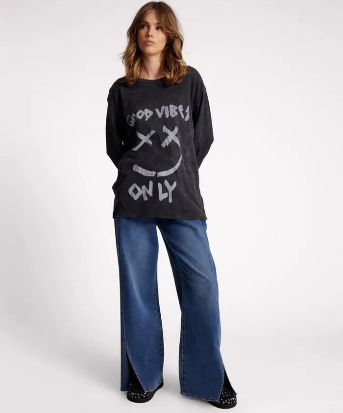 Women One Teaspoon Basic Tees GOOD VIBES ONLY LONG SLEEVE TEE Women One Teaspoon Basic Tees GOOD VIBES ONLY LONG SLEEVE TEE