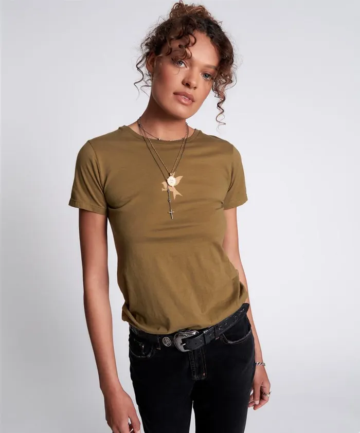 Women One Teaspoon Basic Tees KHAKI BOWER BIRD ORGANIC FITTED TEE