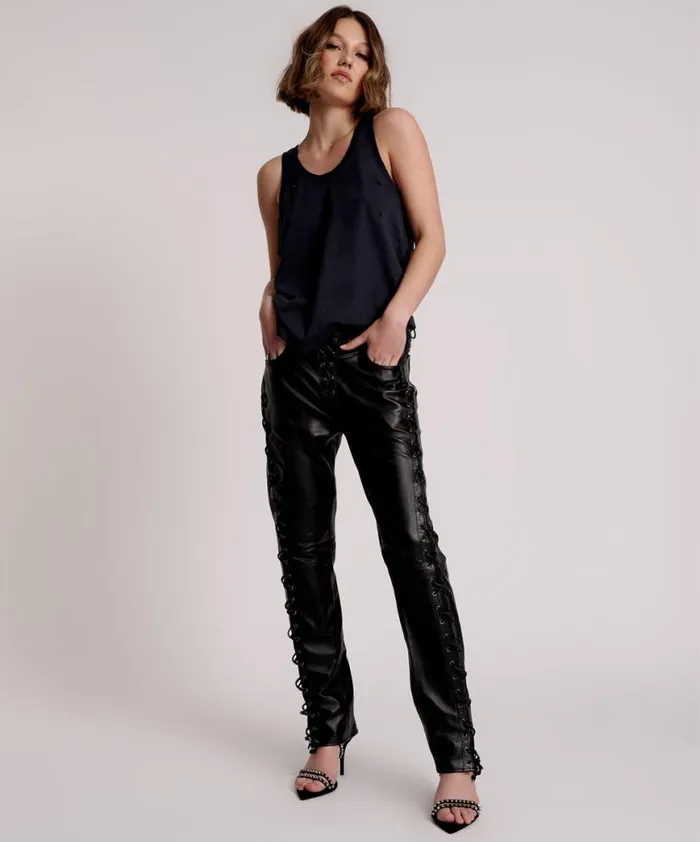 Women One Teaspoon Bottoms BLACKLIGHT LEATHER LACE UP PANTS