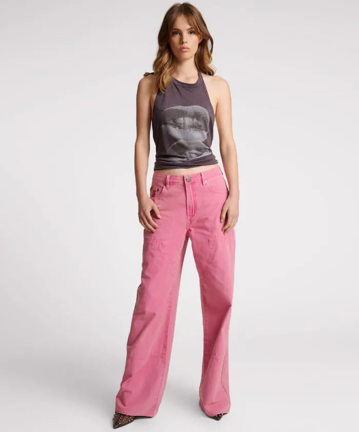 Women One Teaspoon Bottoms PINK FLAMBE CANVAS JACKSON MID WAIST WIDE LEG PANT