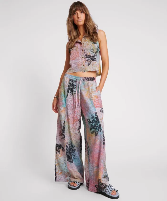 Women One Teaspoon Bottoms ROSE TATTOO HAND PAINTED FLORAL PALAZZO PANTS