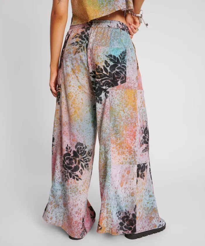 Women One Teaspoon Bottoms ROSE TATTOO HAND PAINTED FLORAL PALAZZO PANTS