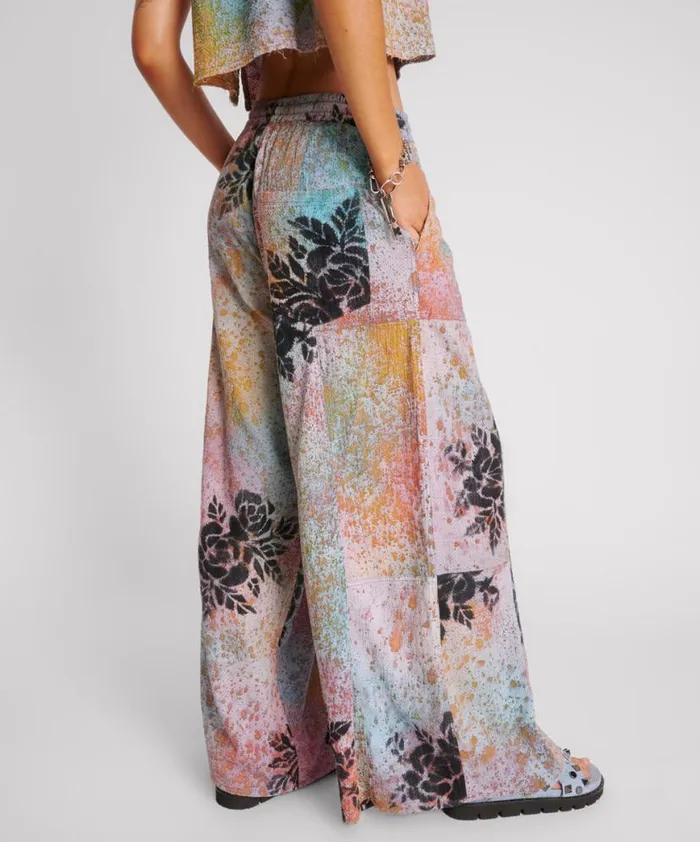 Women One Teaspoon Bottoms ROSE TATTOO HAND PAINTED FLORAL PALAZZO PANTS