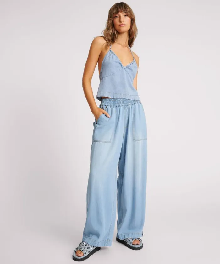 Women One Teaspoon Bottoms SOFT BLUE TENCEL PARACHUTE PANTS