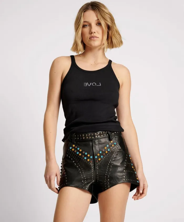 Women One Teaspoon Bottoms STUDDED JEWEL HIGH WAIST LEATHER SHORTS Women One Teaspoon Bottoms STUDDED JEWEL HIGH WAIST LEATHER SHORTS