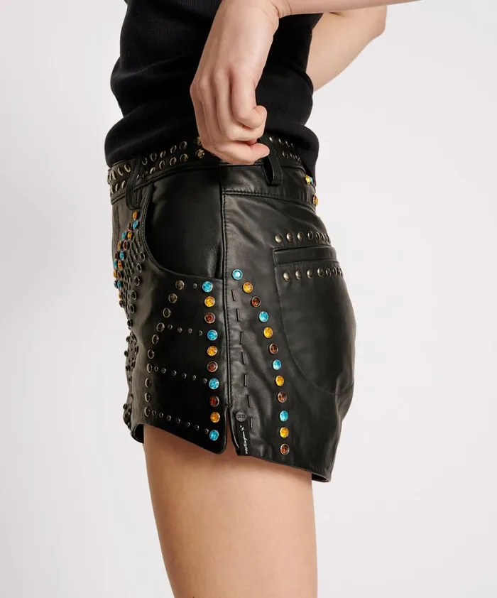 Women One Teaspoon Bottoms STUDDED JEWEL HIGH WAIST LEATHER SHORTS Women One Teaspoon Bottoms STUDDED JEWEL HIGH WAIST LEATHER SHORTS