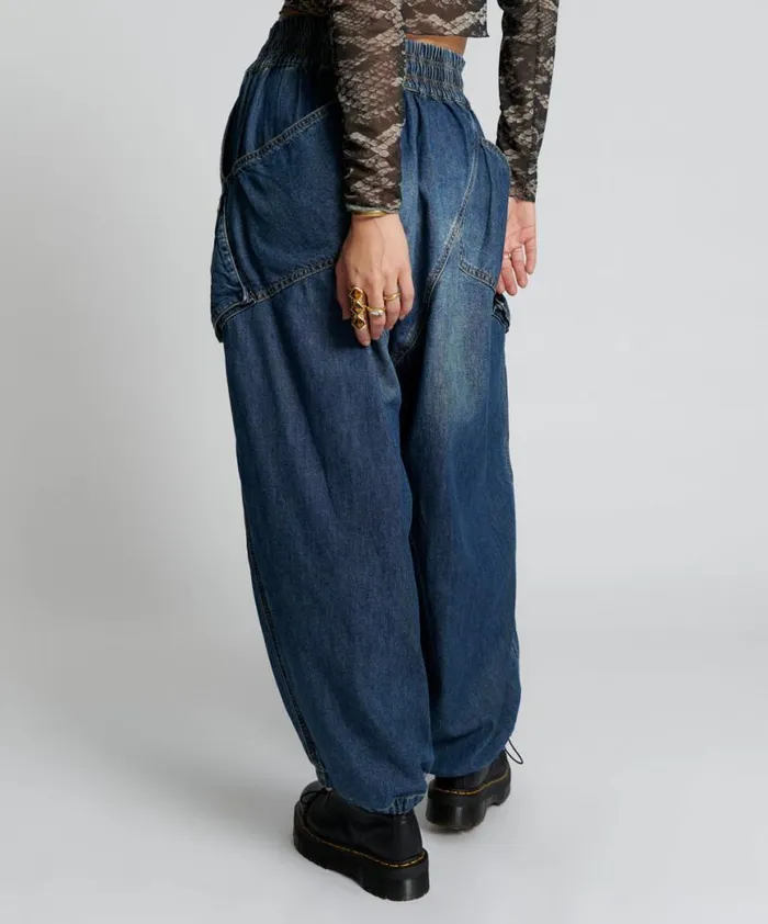 Women One Teaspoon Bottoms USED BLUE DENIM PARACHUTE PANTS Women One Teaspoon Bottoms USED BLUE DENIM PARACHUTE PANTS