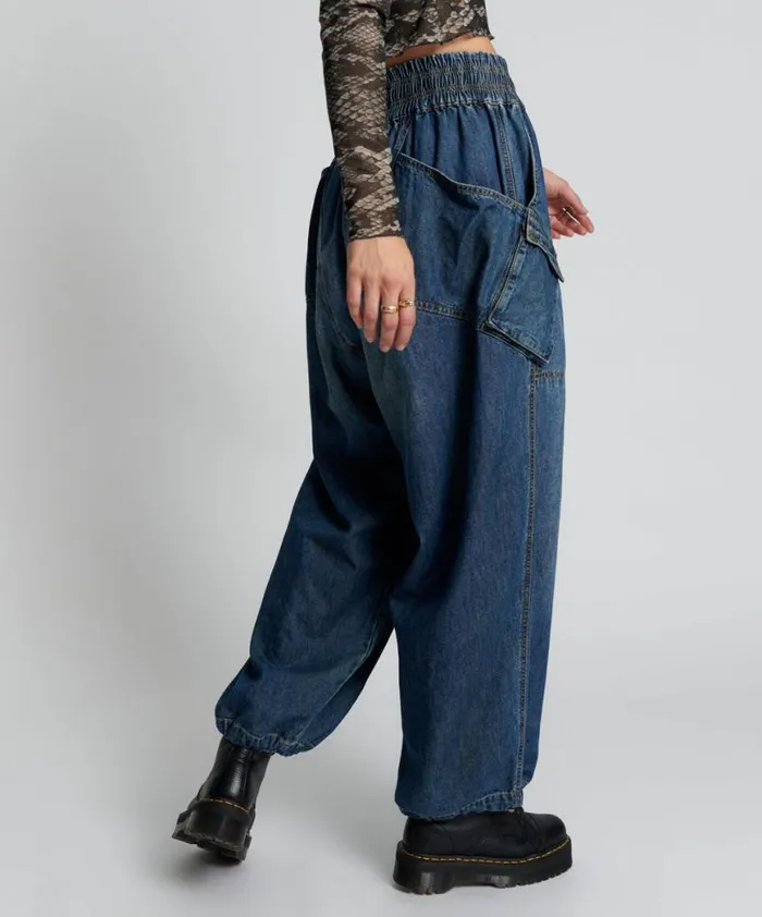 Women One Teaspoon Bottoms USED BLUE DENIM PARACHUTE PANTS Women One Teaspoon Bottoms USED BLUE DENIM PARACHUTE PANTS