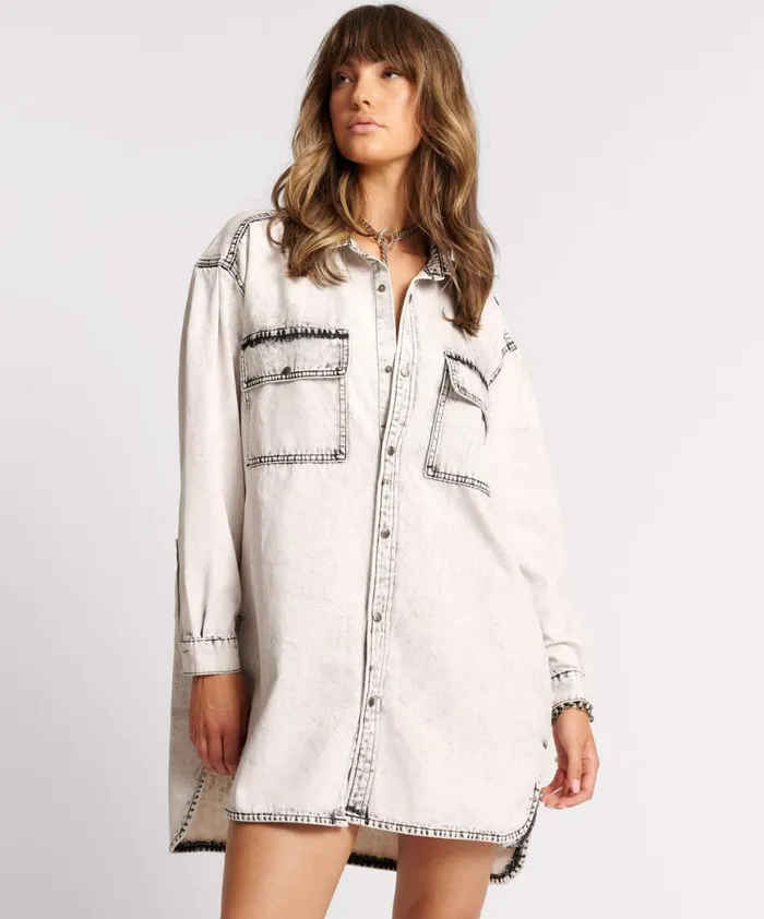 Women One Teaspoon Denim Dresses BIANCO NIXIE DENIM SHIRT DRESS