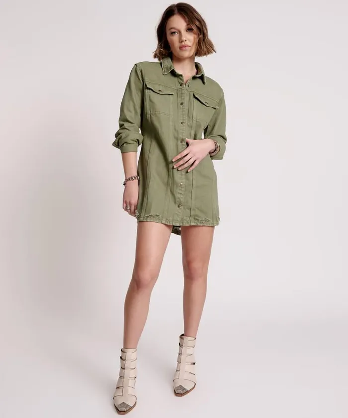 Women One Teaspoon Denim Dresses MILITARY KHAKI TRUCKER SHIRT DRESS