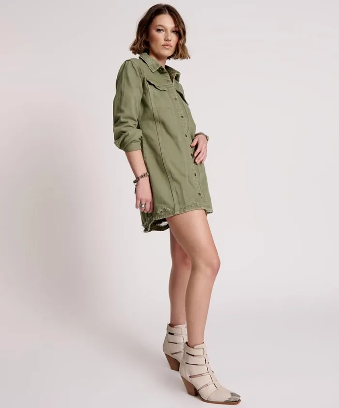 Women One Teaspoon Denim Dresses MILITARY KHAKI TRUCKER SHIRT DRESS Women One Teaspoon Denim Dresses MILITARY KHAKI TRUCKER SHIRT DRESS