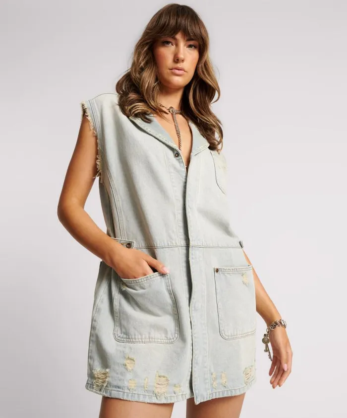 Women One Teaspoon Denim Dresses OLD WEST PALISADES DENIM DRESS Women One Teaspoon Denim Dresses OLD WEST PALISADES DENIM DRESS