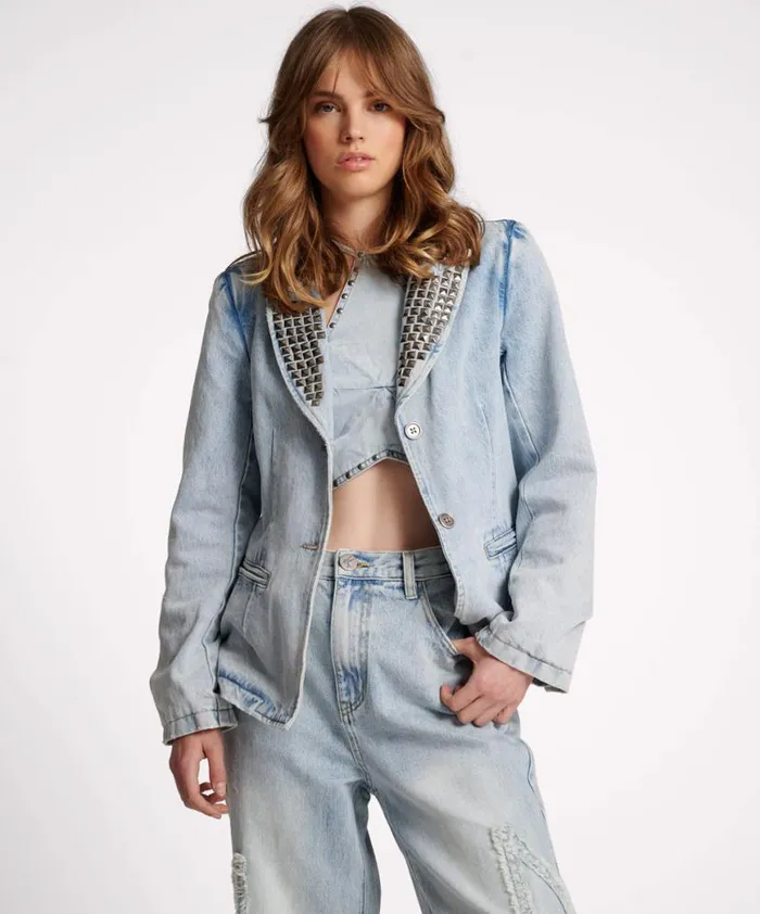 Women One Teaspoon Denim Jackets DIAMONDE STUDDED DENIM BLAZER