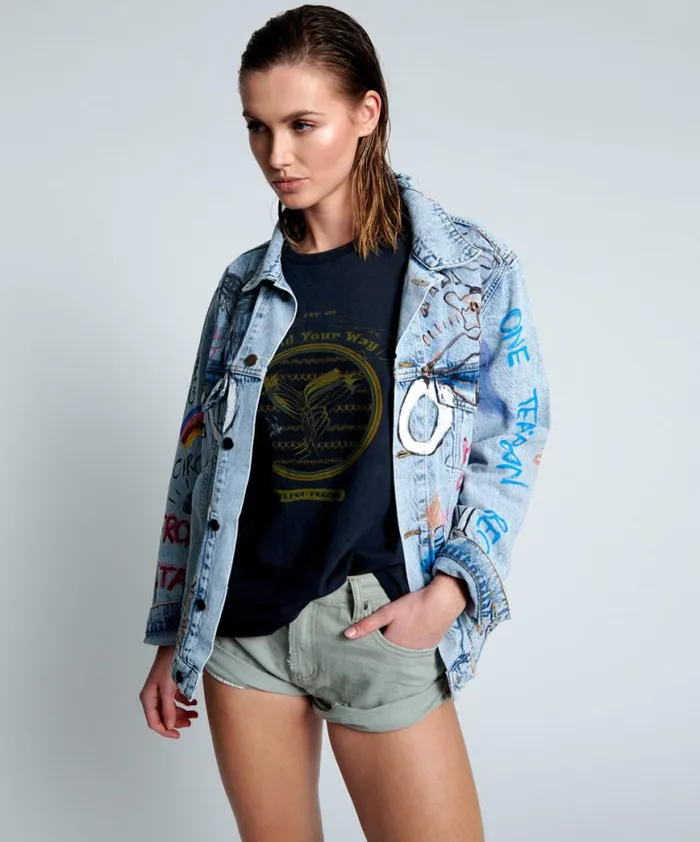 Women One Teaspoon Denim Jackets EPIC RECORDS GRAFFITI DENIM JACKET