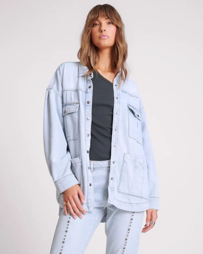 Women One Teaspoon Denim Jackets HUSTLER LONGLINE DENIM JACKET