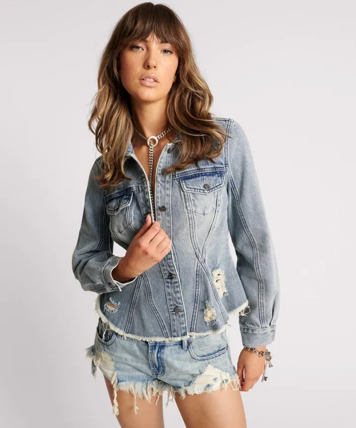 Women One Teaspoon Denim Jackets SALTY DOG PEPLUM DENIM SHACKET