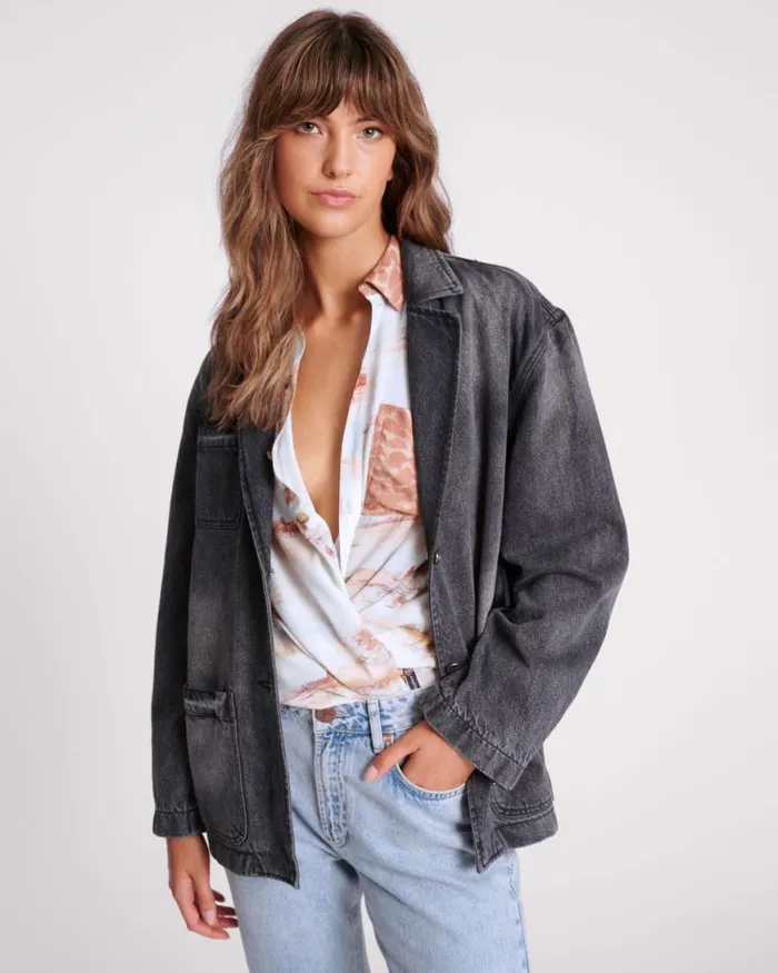 Women One Teaspoon Denim Jackets WORN BLACK DENIM BOYFRIEND BLAZER