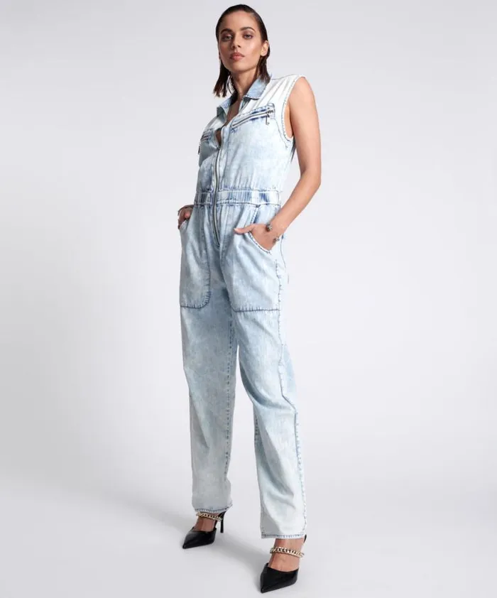 Women One Teaspoon Denim Jumpsuits BLACK LIGHTNING SLEEVELESS OLIVIA AVIATOR JUMPSUIT
