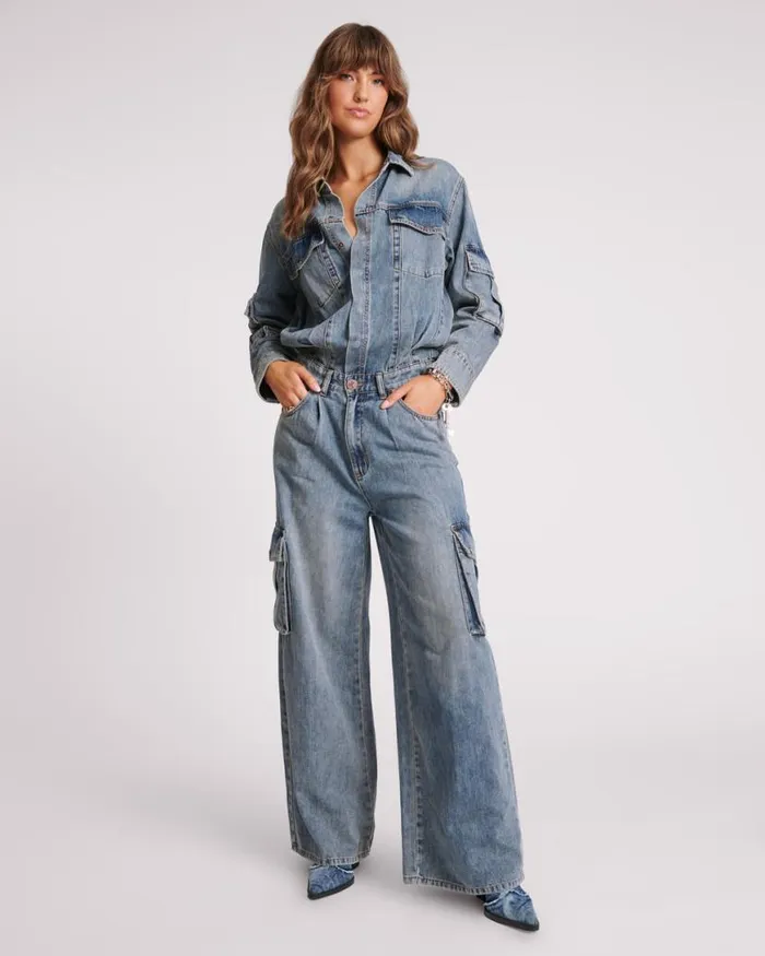 Women One Teaspoon Denim Jumpsuits BLUE BLOSSOM CARGO TRUCKER OVERALL