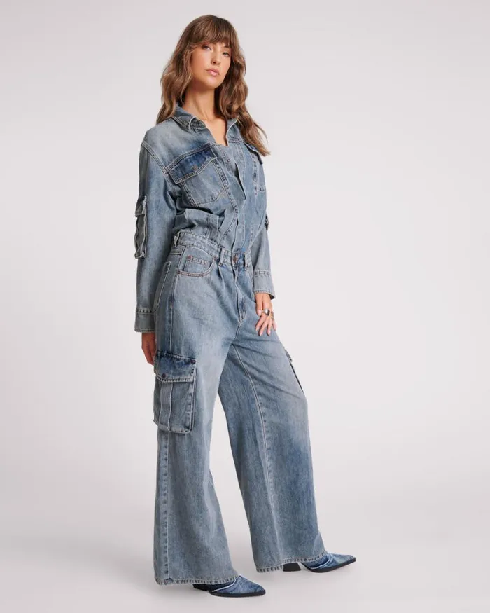Women One Teaspoon Denim Jumpsuits BLUE BLOSSOM CARGO TRUCKER OVERALL Women One Teaspoon Denim Jumpsuits BLUE BLOSSOM CARGO TRUCKER OVERALL