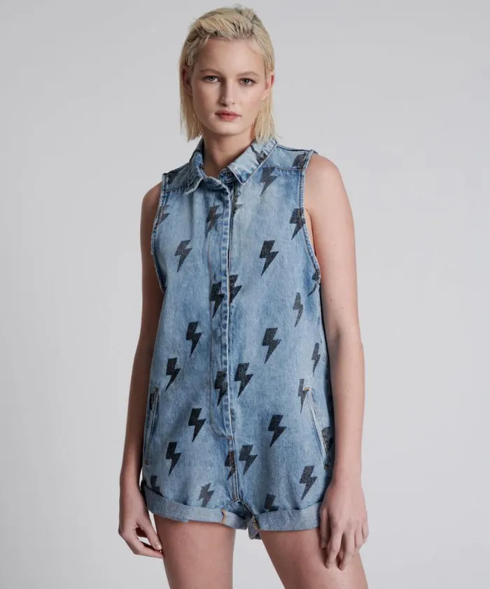 Women One Teaspoon Denim Jumpsuits BLUE LIGHTNING MINI BRAXTON JUMPSUIT