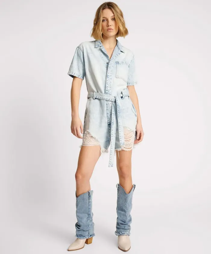 Women One Teaspoon Denim Jumpsuits DEPECHE BLUE NIGHT MOVERS DENIM JUMPSUIT