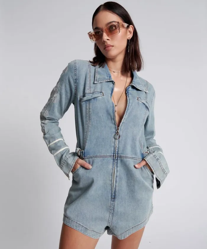 Women One Teaspoon Denim Jumpsuits HEARTLAND EMBROIDERED MARGOT JUMPSUIT
