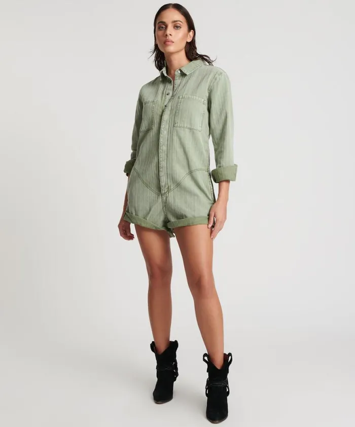Women One Teaspoon Denim Jumpsuits KHAKI LOGO JACQUARD PROPHECY JUMPSUIT