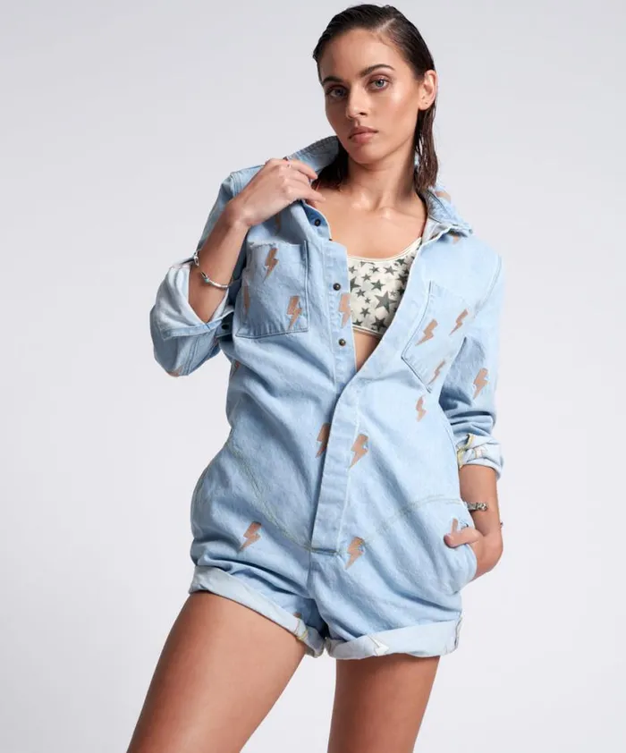 Women One Teaspoon Denim Jumpsuits LIGHTNING BOLT PROPHECY JUMPSUIT