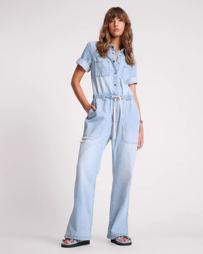 Women One Teaspoon Denim Jumpsuits SPORTSTER BLUE VERONICA DENIM JUMPSUIT