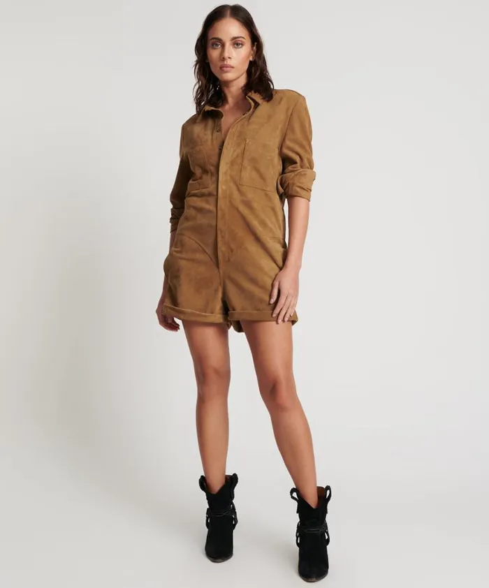 Women One Teaspoon Denim Jumpsuits TAN SUEDE PROPHECY JUMPSUIT