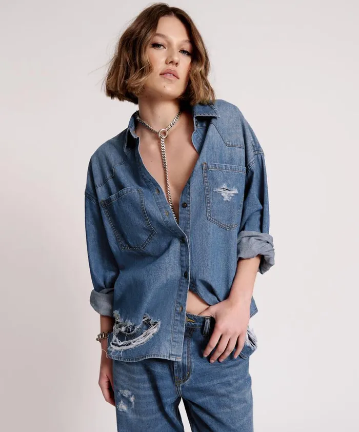 Women One Teaspoon Denim Shirts BAY BLUE OVERSIZED REVOLVER SHIRT