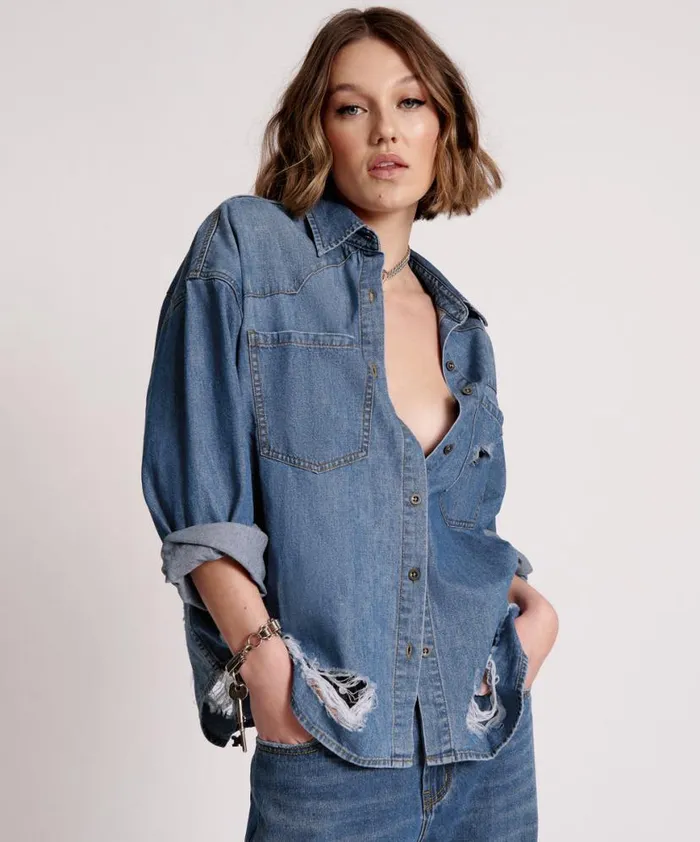 Women One Teaspoon Denim Shirts BAY BLUE OVERSIZED REVOLVER SHIRT Women One Teaspoon Denim Shirts BAY BLUE OVERSIZED REVOLVER SHIRT