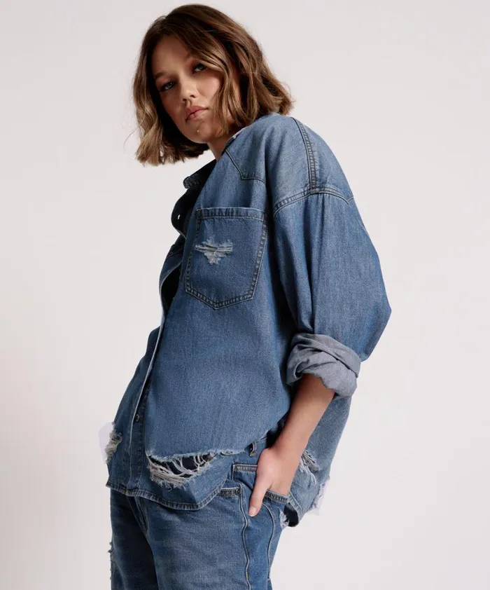 Women One Teaspoon Denim Shirts BAY BLUE OVERSIZED REVOLVER SHIRT Women One Teaspoon Denim Shirts BAY BLUE OVERSIZED REVOLVER SHIRT