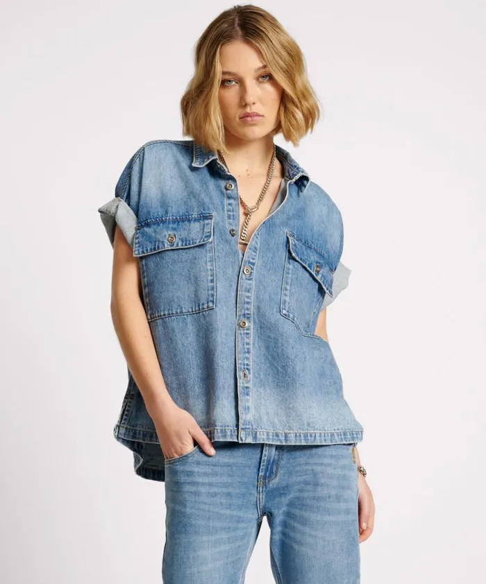 Women One Teaspoon Denim Shirts BLUE RAPTURE CUT OFF DENIM SHIRT