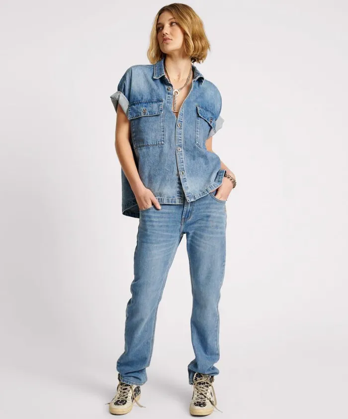 Women One Teaspoon Denim Shirts BLUE RAPTURE CUT OFF DENIM SHIRT Women One Teaspoon Denim Shirts BLUE RAPTURE CUT OFF DENIM SHIRT