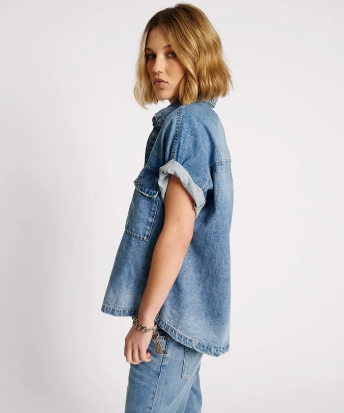 Women One Teaspoon Denim Shirts BLUE RAPTURE CUT OFF DENIM SHIRT Women One Teaspoon Denim Shirts BLUE RAPTURE CUT OFF DENIM SHIRT