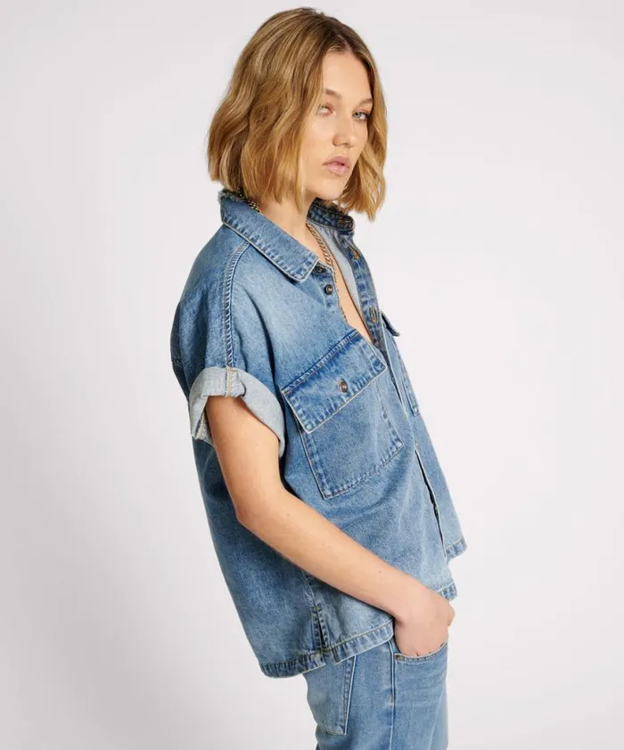 Women One Teaspoon Denim Shirts BLUE RAPTURE CUT OFF DENIM SHIRT Women One Teaspoon Denim Shirts BLUE RAPTURE CUT OFF DENIM SHIRT