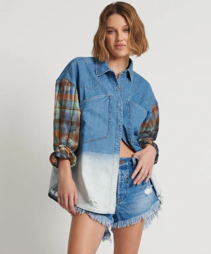 Women One Teaspoon Denim Shirts CIAO BLUE REVOLVER DENIM FLANNEL SHIRT