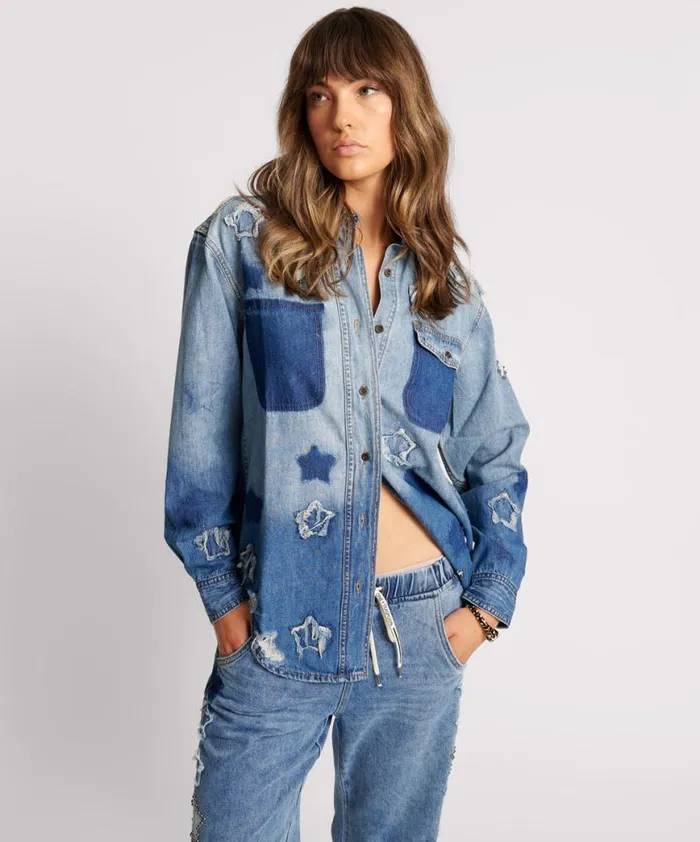 Women One Teaspoon Denim Shirts JOHNNY BLUE STAR CLASSIC EVERYDAY SHIRT